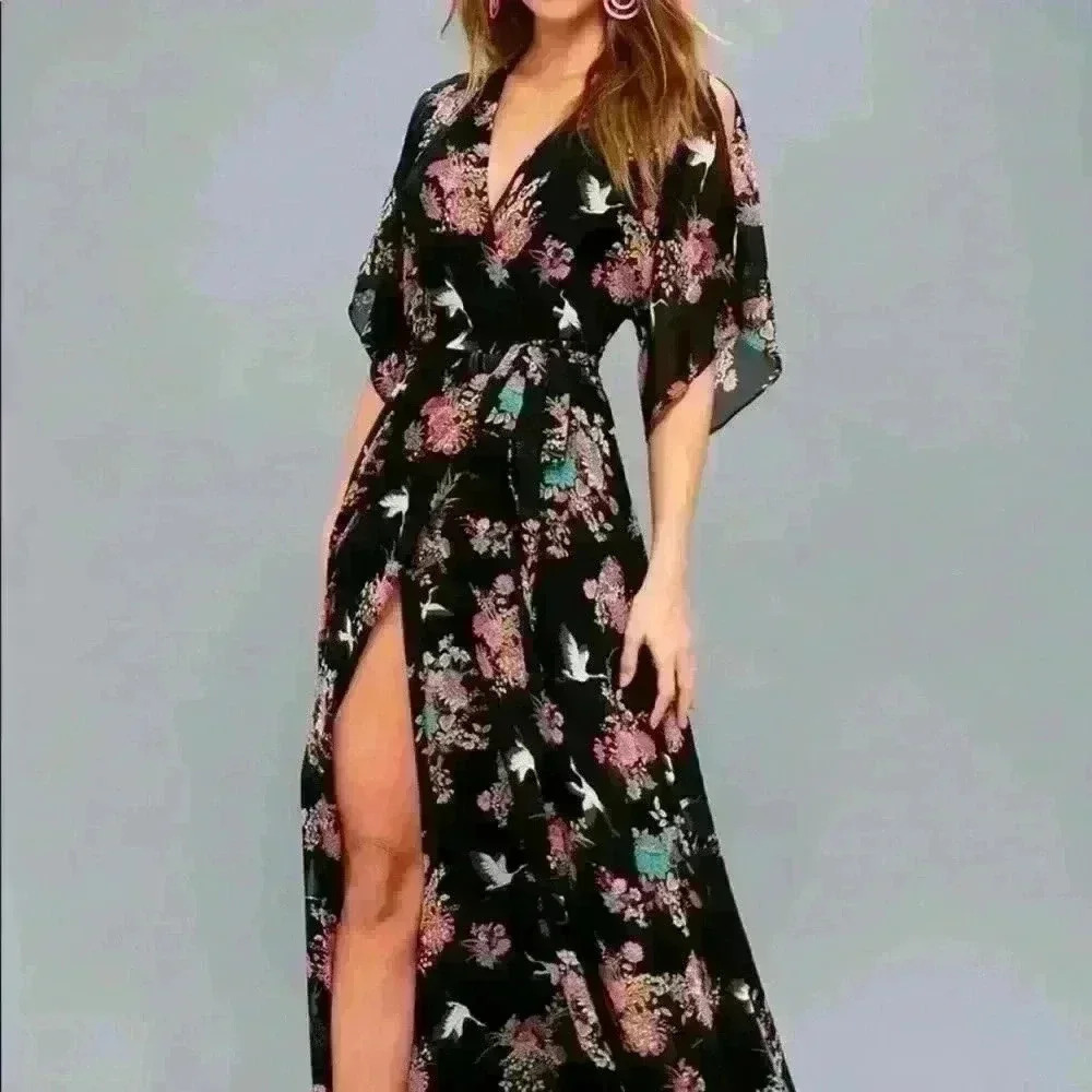 Lulus Sweet Bouquet Black Floral Print Wrap Maxi Dress Size Small - Picture 2 of 12